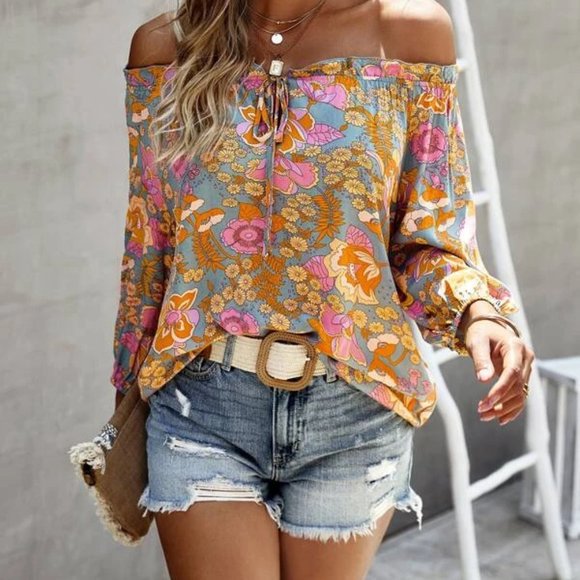 Tops | Boho Floral Print Off Shoulder Lantern Sleeve Knot Front Blouse ...